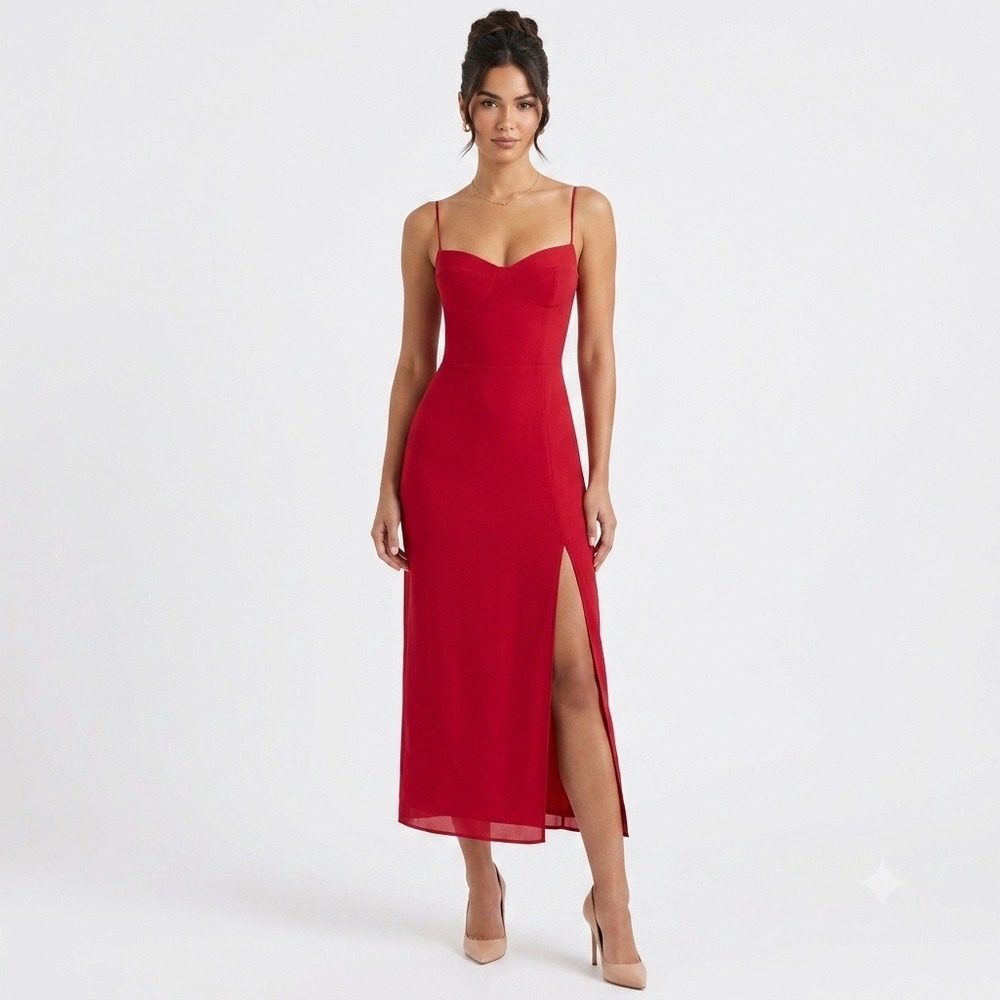 Reformation Kourtney Midi Dress Red Spaghetti Strap Sweetheart Neck Size 8